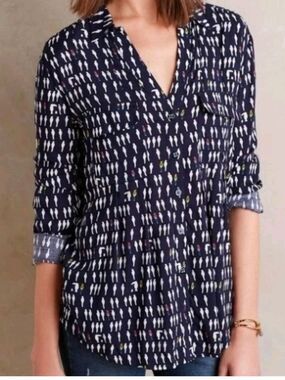 Anthropologie Maeve Navy Allover Bird Print Button Front Blouse Size 2 Oversized